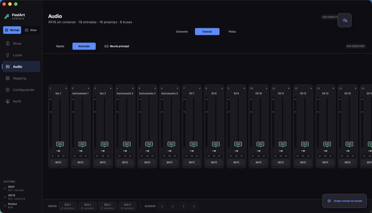 La pantalla de Audio de FoolArt Proyect: los canales de una consola con sus faders, silencios y grupos.