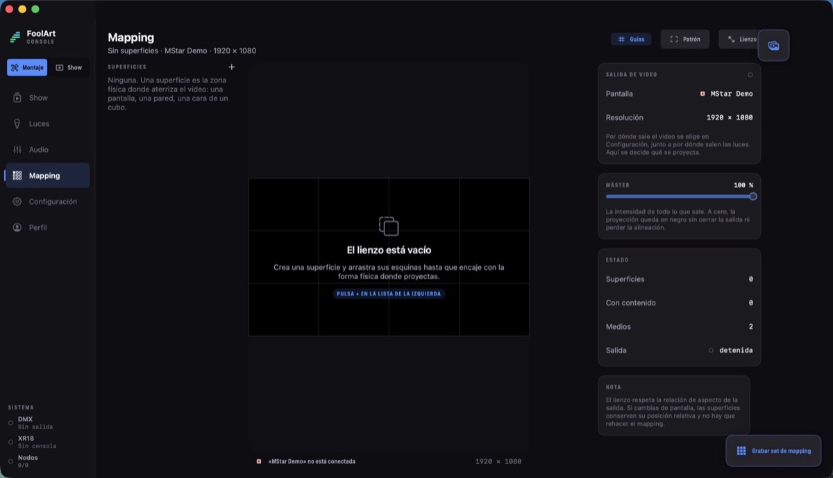 La pantalla de Mapping de FoolArt Proyect: el lienzo de proyección con la salida de video y el máster a la derecha.